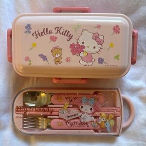 Sanrio Hello Kitty bento lunch box + My Melody utensil set